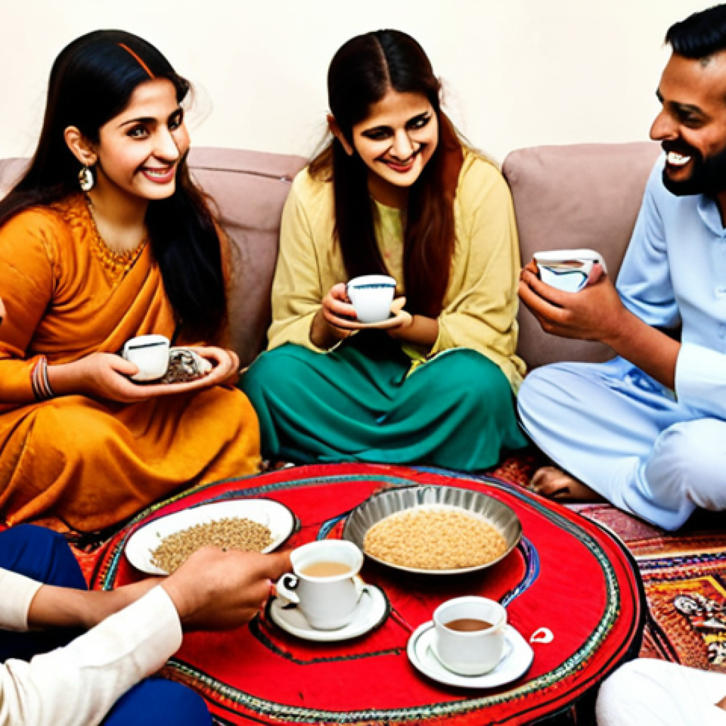 **Vibrant co-living space, diverse residents enjoying a 'chai ki mehfil' (tea party) or 'pehli mulaqat' (first meeting). Smiles, comfortable conversations, and genuine connection forming. Warm, inviting communal setting reflecting Urdu cultural hospitality, emphasizing the melting away of initial awkwardness.**