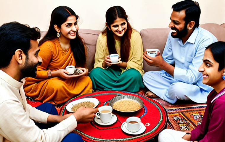 **Vibrant co-living space, diverse residents enjoying a 'chai ki mehfil' (tea party) or 'pehli mulaqat' (first meeting). Smiles, comfortable conversations, and genuine connection forming. Warm, inviting communal setting reflecting Urdu cultural hospitality, emphasizing the melting away of initial awkwardness.**