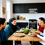 **

A group of diverse people, fully clothed in modest, everyday attire, are gathered around a table, sharing a meal and conversation in a modern co-living space. The background shows shared kitchen facilities and comfortable living areas.  "Safe for work," "appropriate content," "fully clothed," "family-friendly," "perfect anatomy," "correct proportions," "natural pose," "high quality."

**