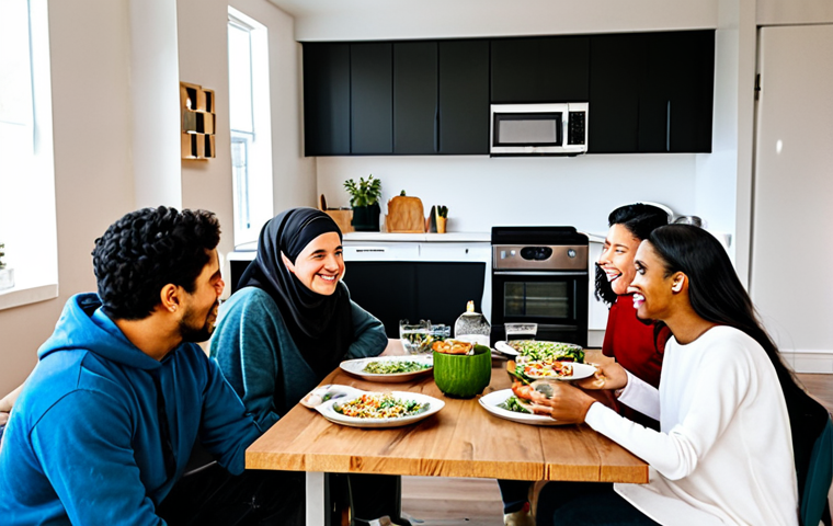 **

A group of diverse people, fully clothed in modest, everyday attire, are gathered around a table, sharing a meal and conversation in a modern co-living space. The background shows shared kitchen facilities and comfortable living areas.  "Safe for work," "appropriate content," "fully clothed," "family-friendly," "perfect anatomy," "correct proportions," "natural pose," "high quality."

**