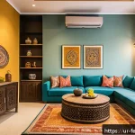 Home 16 미래 공유 주거 모델에서의 협업 - A vibrant co-living apartment interior set in a modern Karachi neighborhood, featuring a diverse gro...