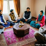 Home 21 공유 주거 모델의 생태계 구축 방법 - A diverse group of Urdu-speaking residents of a shared housing community gathering in a bright, spac...