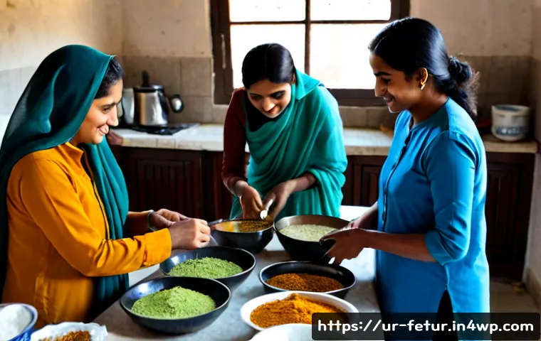 공유 주거 모델의 커뮤니티 활동 - Photorealistic shared housing community kitchen in Pakistan, diverse adult residents in modest shalw...